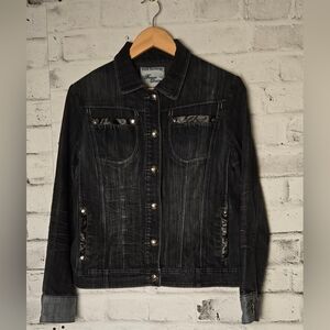 Dark Wash Denim Jacket Fitted Stretch Button Up Women’s Large